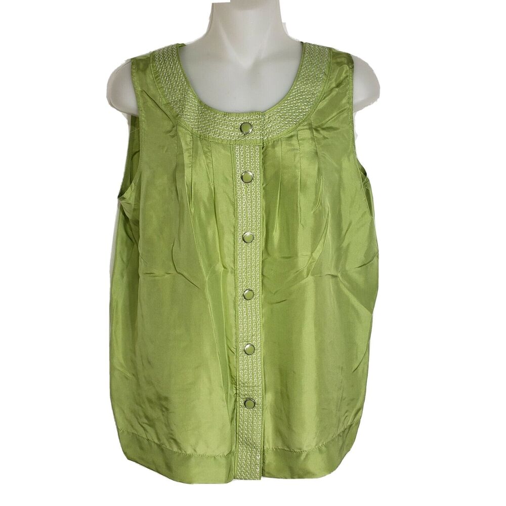 Covington Womens Top Small 100% Silk Sleeveless Button Front Embroidered Pleats